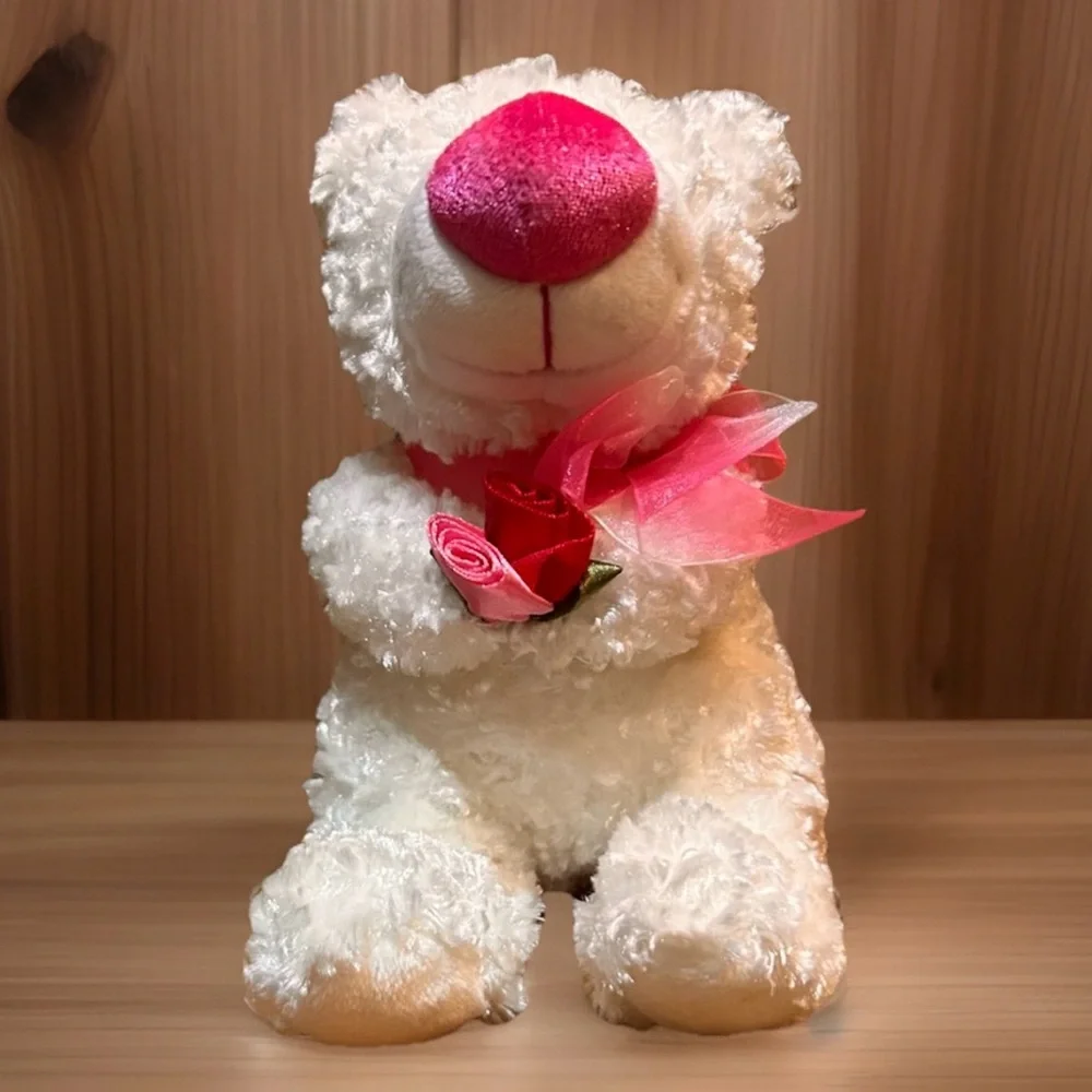White Teddy Bear Plush Pink Ribbon Pink  Nose Black Eyes Roses Walmart 7”